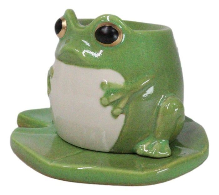 Ebros Gift Whimsical Green Toad Frog On Lily Pad Ceramic Essential Oil Warmer Candle Holder