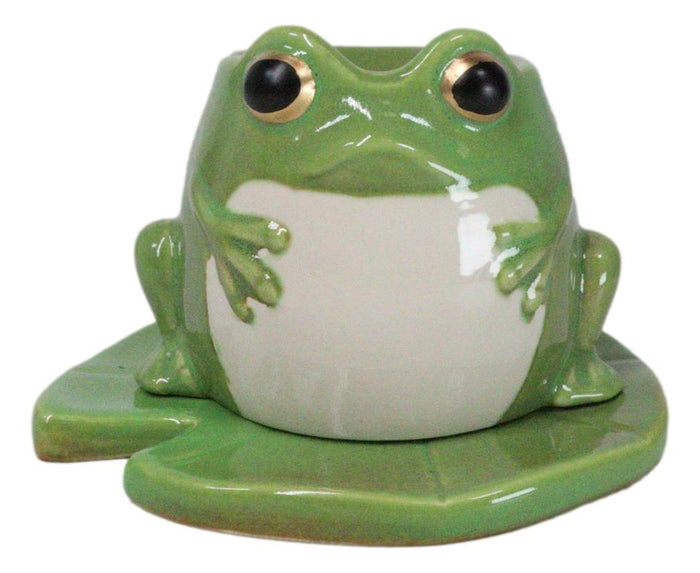 ebros gift Whimsical Green Toad Frog On Lily Pad Ceramic Essential Oil Warmer Candle Holder