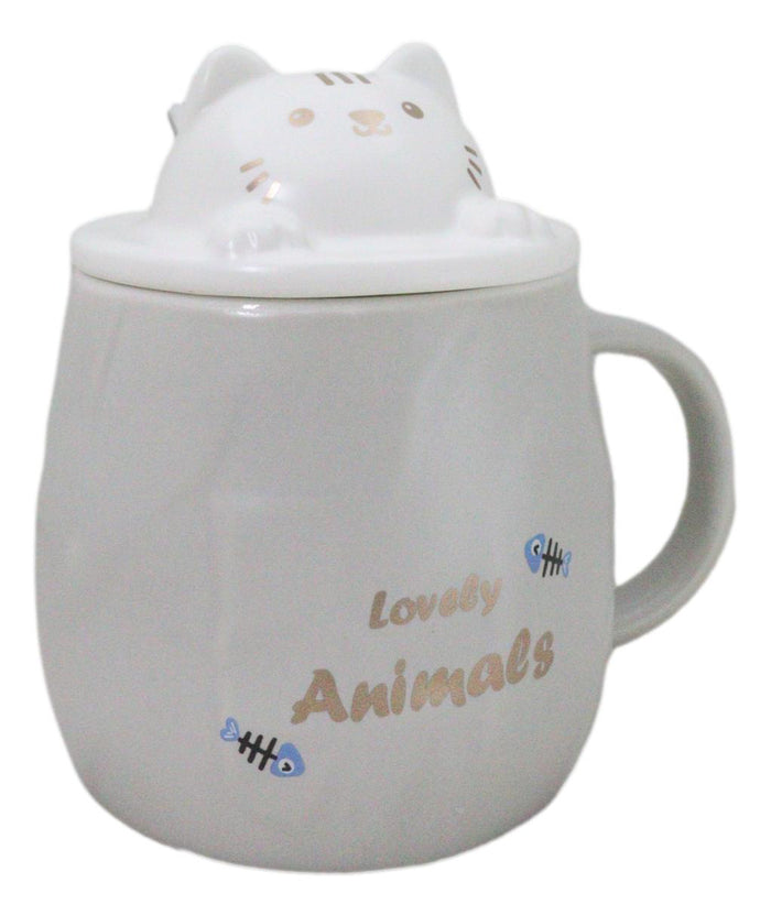 Ebros Gift Whimsical Grey Chubby Feline Kitty Cat Cup Mug With Lid And Stirring Spoon