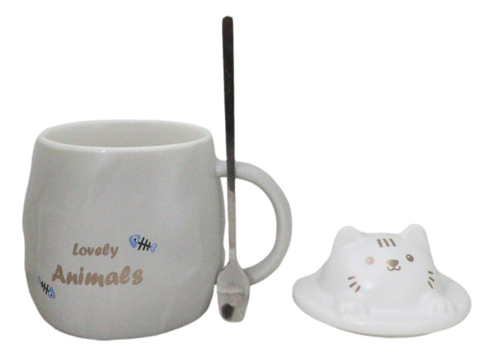 Ebros Gift Whimsical Grey Chubby Feline Kitty Cat Cup Mug With Lid And Stirring Spoon