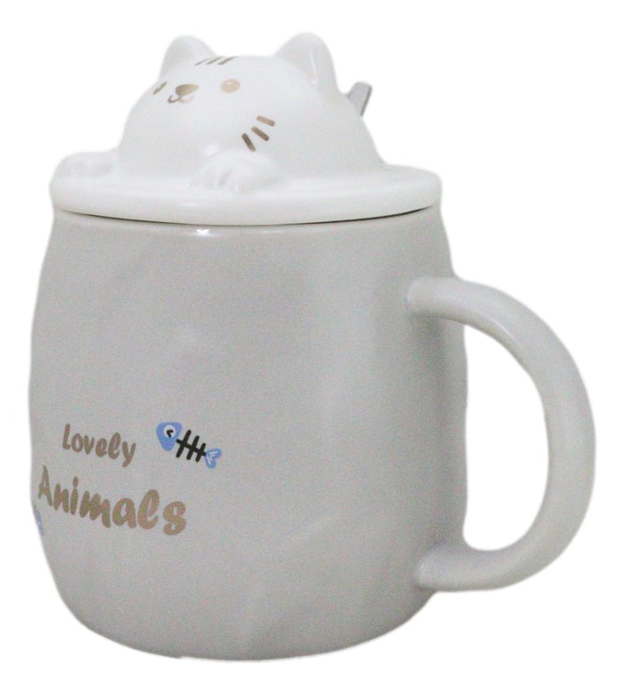 Ebros Gift Whimsical Grey Chubby Feline Kitty Cat Cup Mug With Lid And Stirring Spoon
