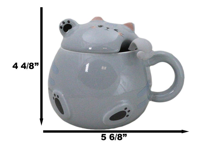 Ebros Gift Whimsical Grey Chubby Feline Kitty Cat Cup Mug With Lid And Stirring Spoon
