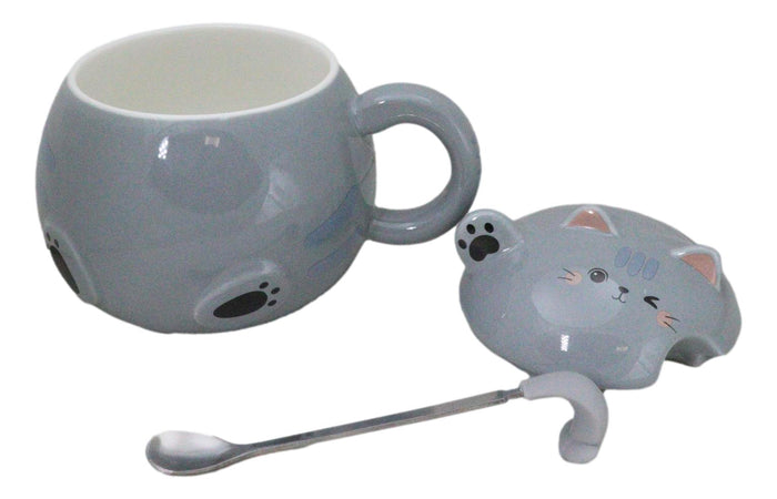 Ebros Gift Whimsical Grey Chubby Feline Kitty Cat Cup Mug With Lid And Stirring Spoon