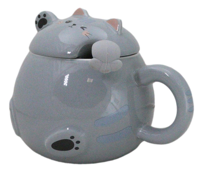 Ebros Gift Whimsical Grey Chubby Feline Kitty Cat Cup Mug With Lid And Stirring Spoon