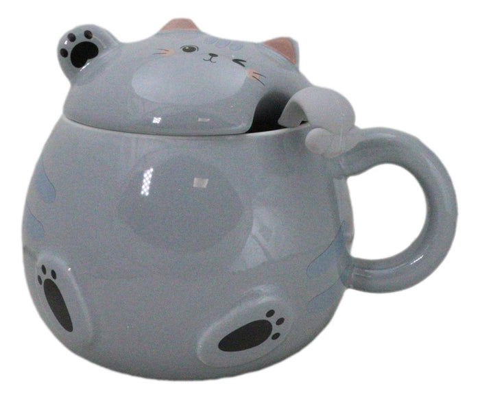 ebros gift Whimsical Grey Chubby Feline Kitty Cat Cup Mug With Lid And Stirring Spoon