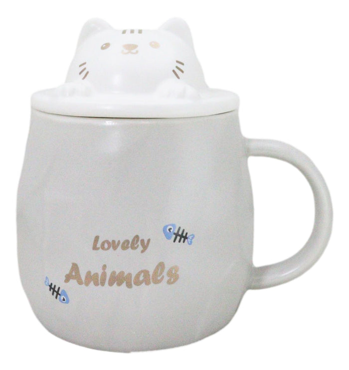 ebros gift Whimsical Grey Chubby Feline Kitty Cat Cup Mug With Lid And Stirring Spoon
