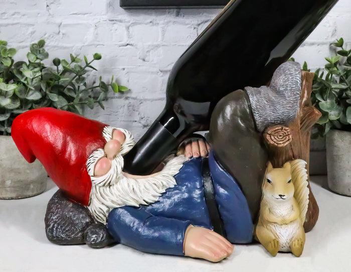 ebros gift Whimsical Holiday Tipsy Drunk Garden Gnome Sleeping Near Squirrel Wine Holder
