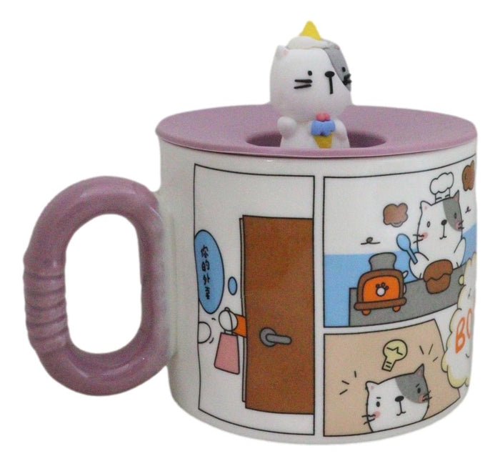 Ebros Gift Whimsical Kitty Cat With Kung Fu Diary Cartoon Ceramic Mug With Silicone Lid
