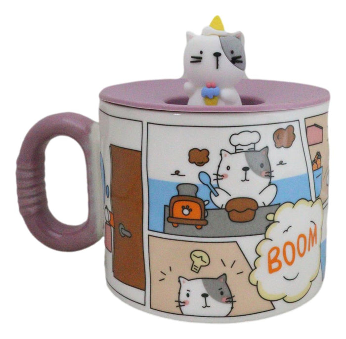ebros gift Whimsical Kitty Cat With Kung Fu Diary Cartoon Ceramic Mug With Silicone Lid