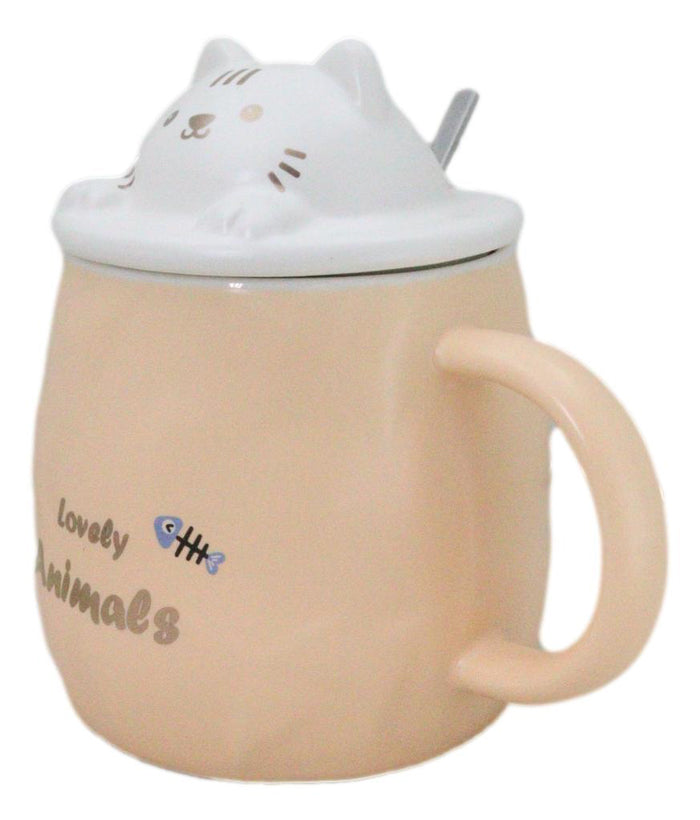 Ebros Gift Whimsical Orange Chubby Feline Kitty Cat Cup Mug With Lid And Stirring Spoon