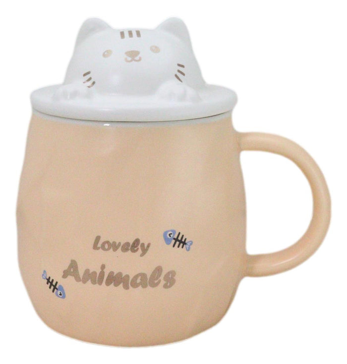 ebros gift Whimsical Orange Chubby Feline Kitty Cat Cup Mug With Lid And Stirring Spoon