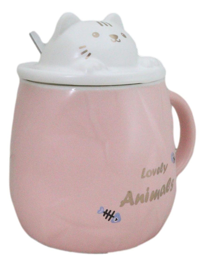Ebros Gift Whimsical Pastel Pink Feline Kitty Cat Cup Mug With Lid And Stirring Spoon