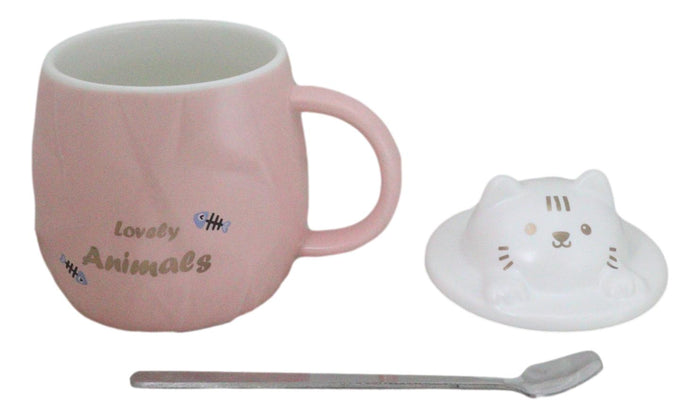 Ebros Gift Whimsical Pastel Pink Feline Kitty Cat Cup Mug With Lid And Stirring Spoon