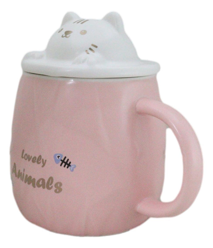 Ebros Gift Whimsical Pastel Pink Feline Kitty Cat Cup Mug With Lid And Stirring Spoon