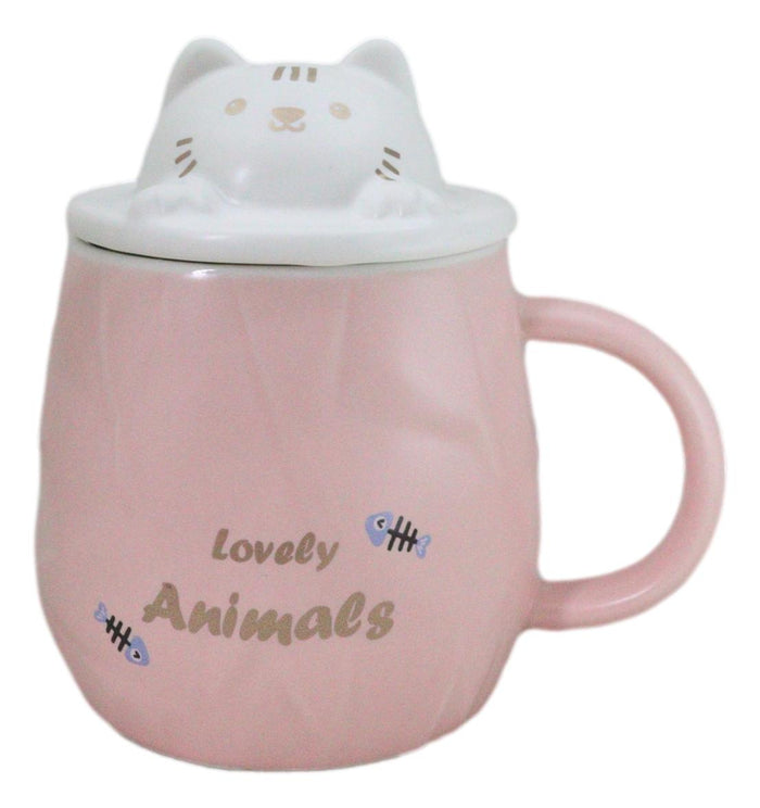 ebros gift Whimsical Pastel Pink Feline Kitty Cat Cup Mug With Lid And Stirring Spoon