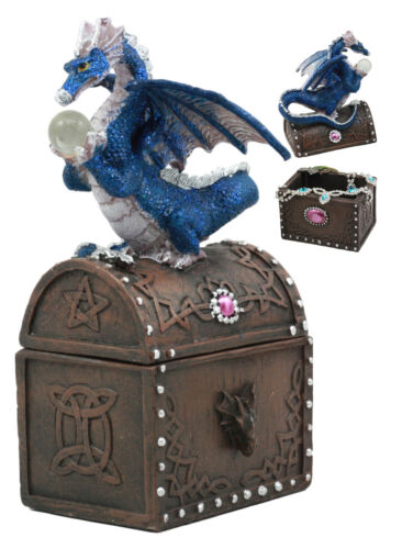 Ebros Gift Whimsical Pixie Blue Dragon Guarding Celtic Treasure Chest Trinket Box 6.5"Tall