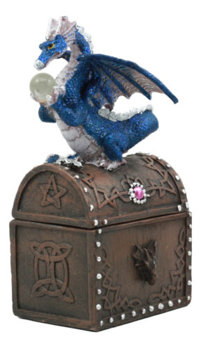 Ebros Gift Whimsical Pixie Blue Dragon Guarding Celtic Treasure Chest Trinket Box 6.5"Tall