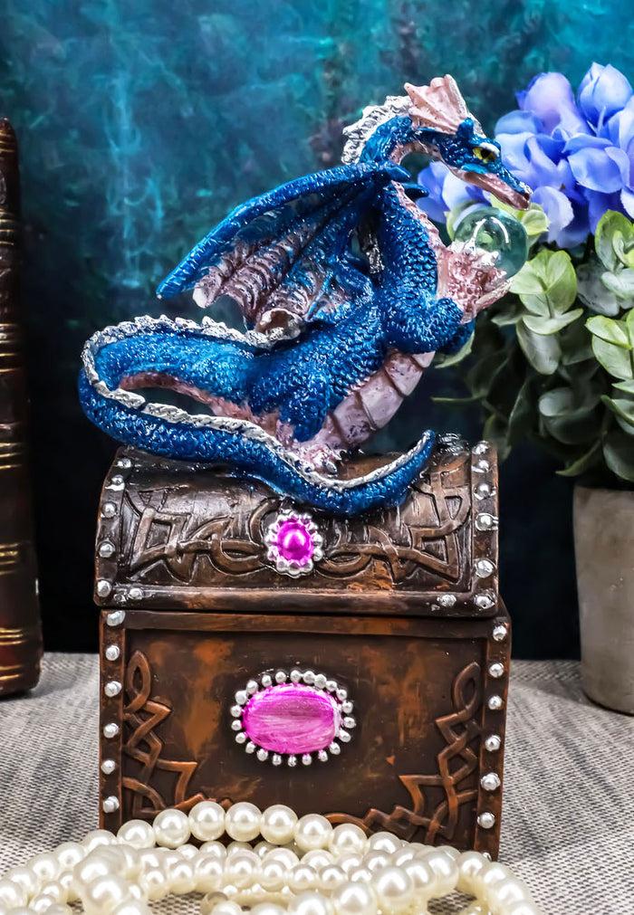 ebros gift Whimsical Pixie Blue Dragon Guarding Celtic Treasure Chest Trinket Box 6.5"Tall