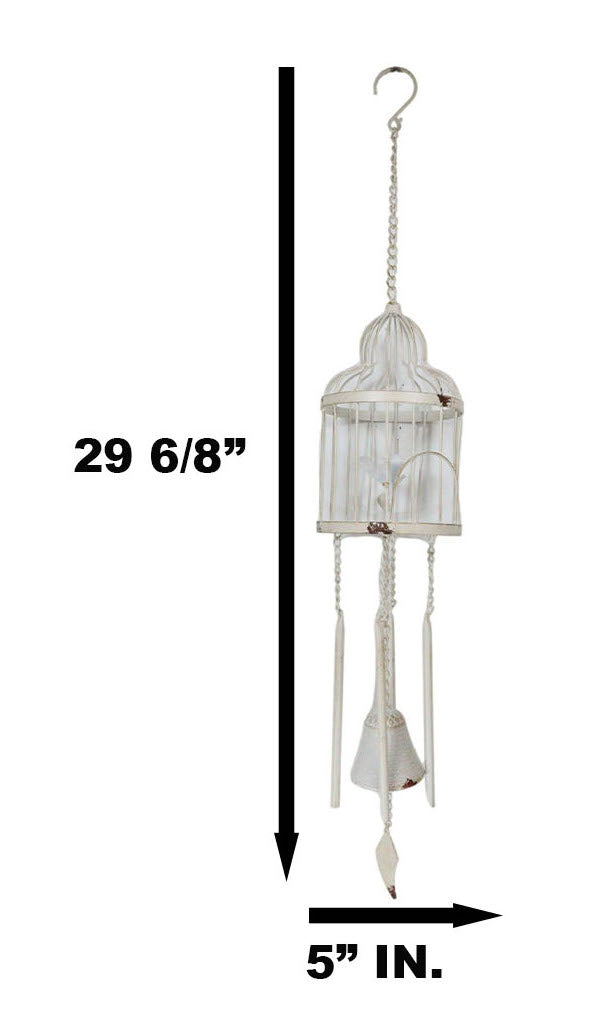 Ebros Gift Whimsical Rustic White Bird Perching On Twig In Cage Aluminum Metal Wind Chime