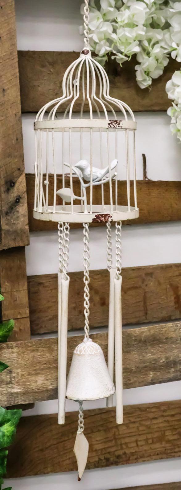 ebros gift Whimsical Rustic White Bird Perching On Twig In Cage Aluminum Metal Wind Chime