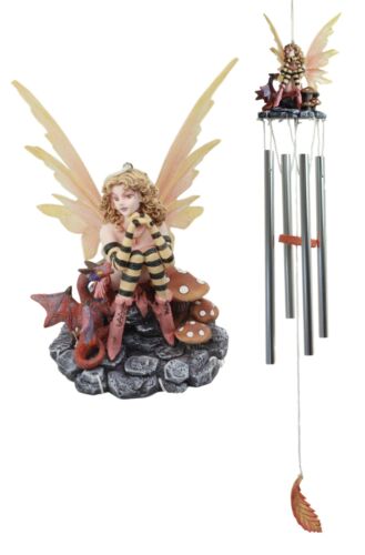 Ebros Gift Whimsical Toadstool Mushroom Bumblebee Fairy With Red Dragon Wind Chime 28" Long