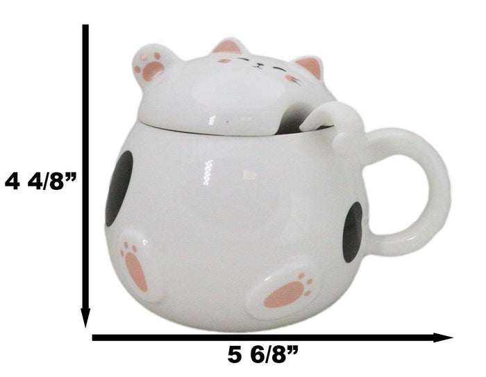Ebros Gift Whimsical White Chubby Feline Kitty Cat Cup Mug With Lid And Stirring Spoon