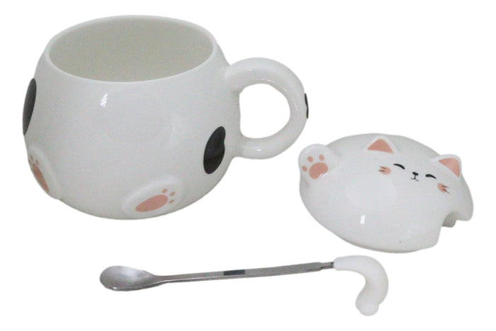 Ebros Gift Whimsical White Chubby Feline Kitty Cat Cup Mug With Lid And Stirring Spoon