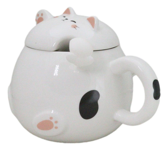 Ebros Gift Whimsical White Chubby Feline Kitty Cat Cup Mug With Lid And Stirring Spoon