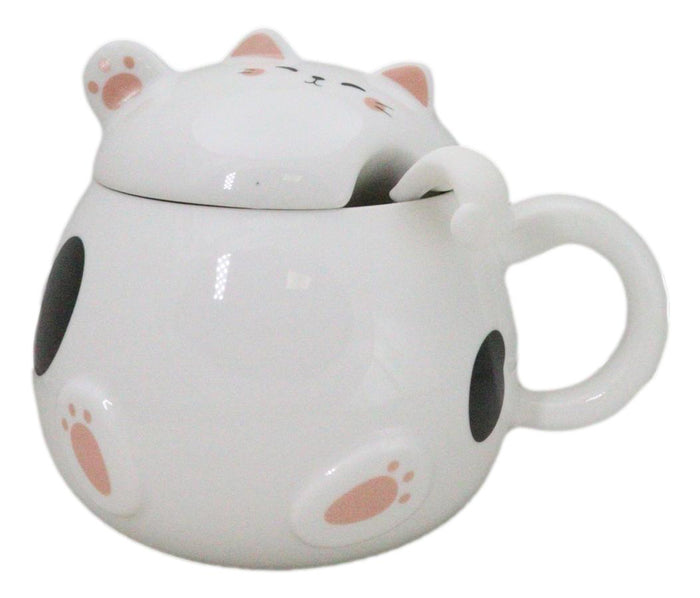 ebros gift Whimsical White Chubby Feline Kitty Cat Cup Mug With Lid And Stirring Spoon