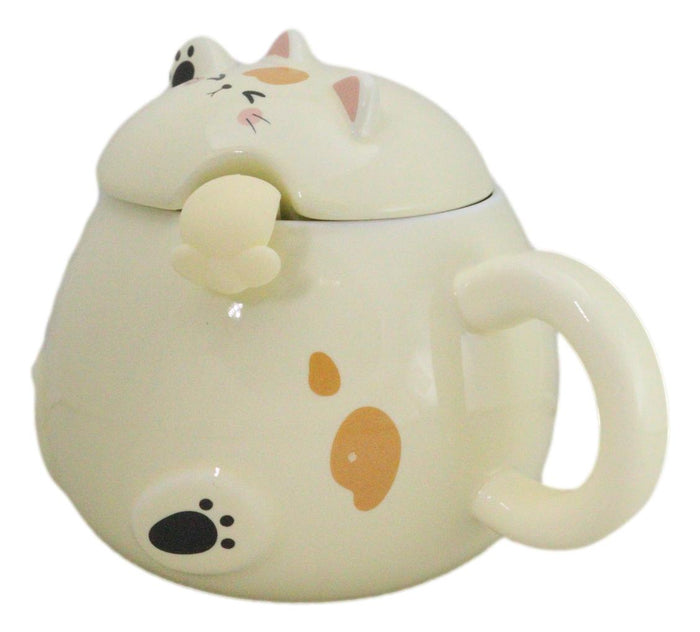 Ebros Gift Whimsical Yellow Chubby Feline Kitty Cat Cup Mug With Lid And Stirring Spoon
