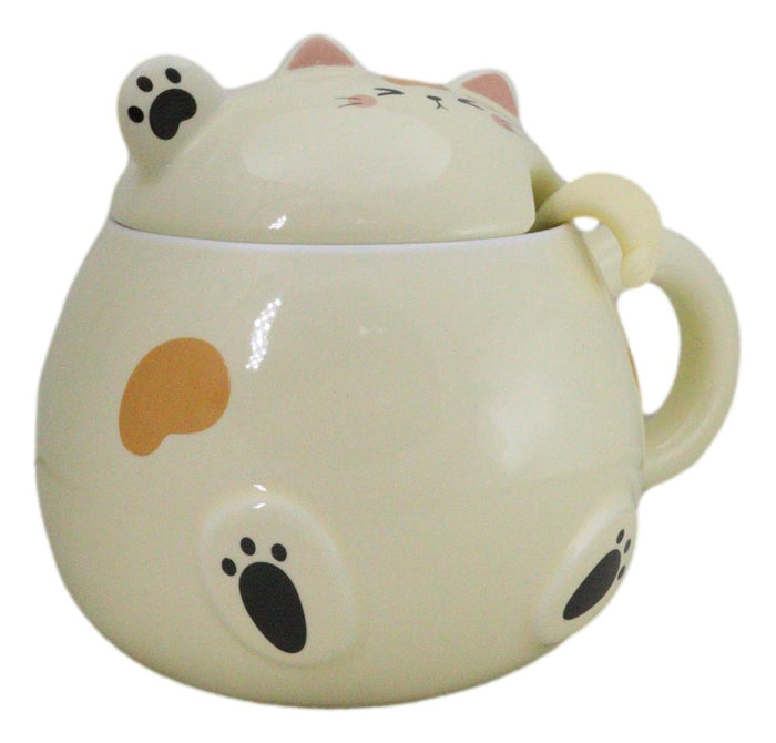 Ebros Gift Whimsical Yellow Chubby Feline Kitty Cat Cup Mug With Lid And Stirring Spoon