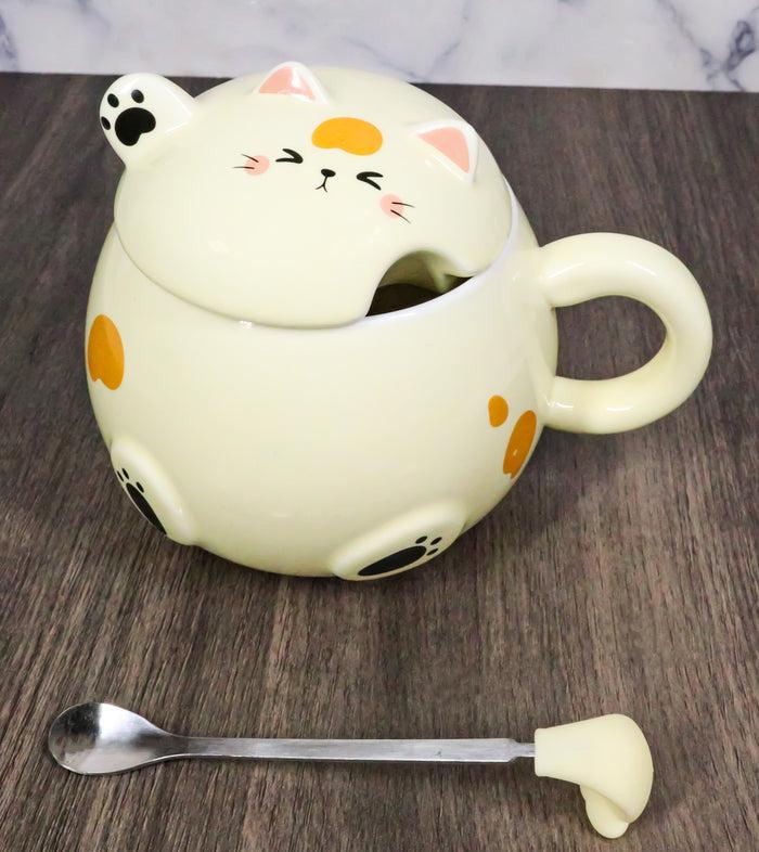 ebros gift Whimsical Yellow Chubby Feline Kitty Cat Cup Mug With Lid And Stirring Spoon