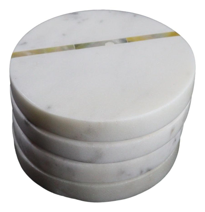 Ebros Gift White Banswara Marble With Gold Metal Striped Inlay Accent 4 Piece Coaster Set