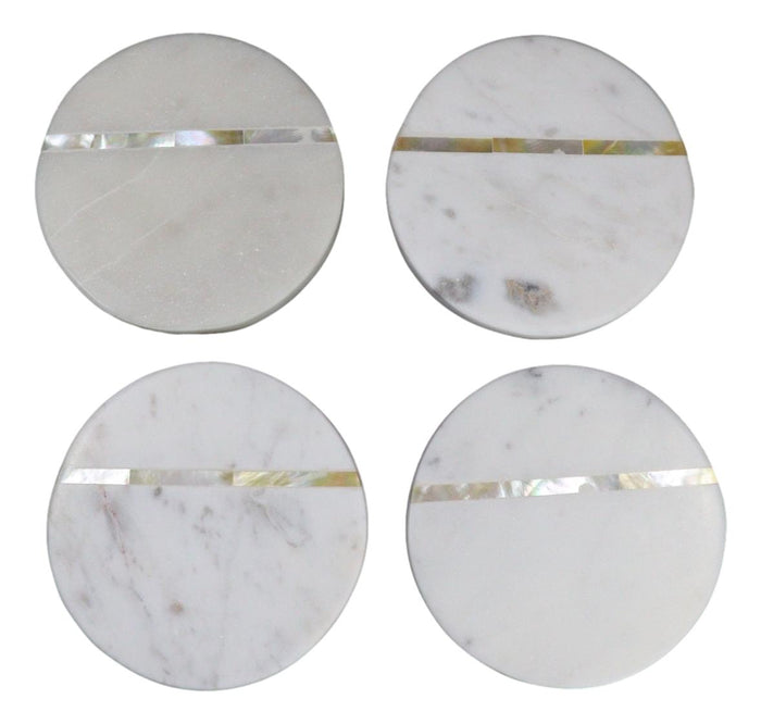 Ebros Gift White Banswara Marble With Gold Metal Striped Inlay Accent 4 Piece Coaster Set