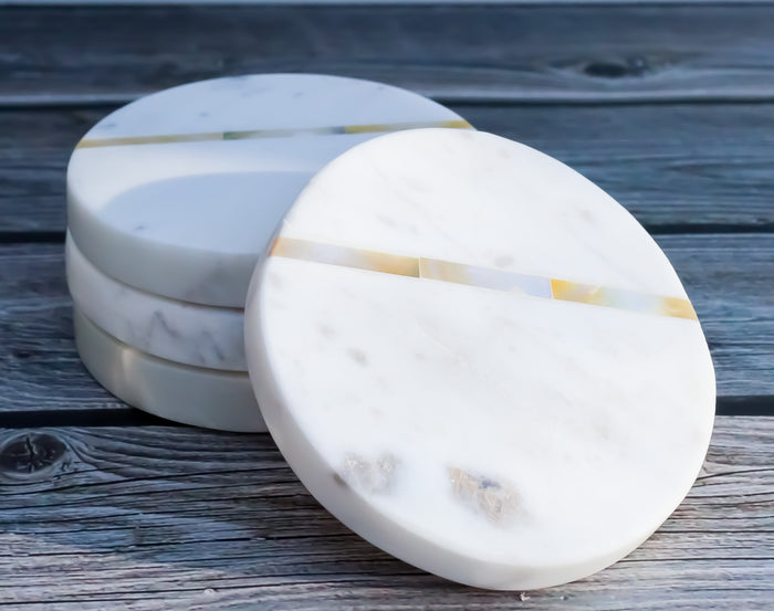 ebros gift White Banswara Marble with Gold Metal Striped Inlay Accent 4 Piece Coaster Set