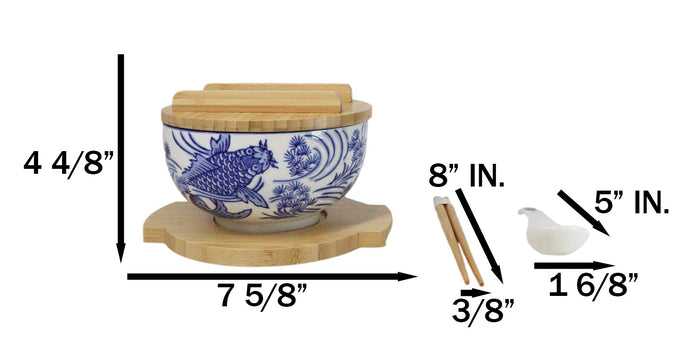 Ebros Gift White Blue Koi Fish 28Oz Donburi Ramen Bowl With Lid Trivet Spoon Chopsticks Set