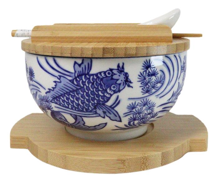 Ebros Gift White Blue Koi Fish 28Oz Donburi Ramen Bowl With Lid Trivet Spoon Chopsticks Set