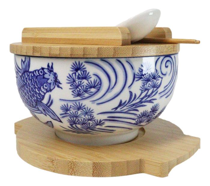 Ebros Gift White Blue Koi Fish 28Oz Donburi Ramen Bowl With Lid Trivet Spoon Chopsticks Set