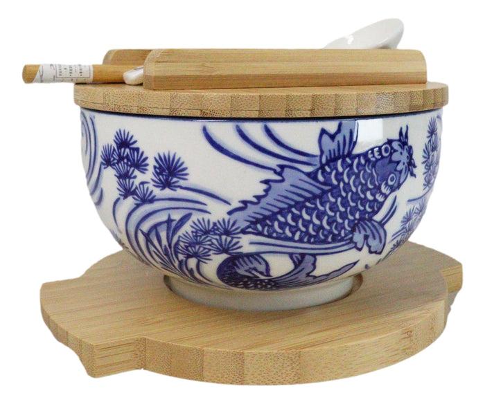 ebros gift White Blue Koi Fish 28Oz Donburi Ramen Bowl With Lid Trivet Spoon Chopsticks Set