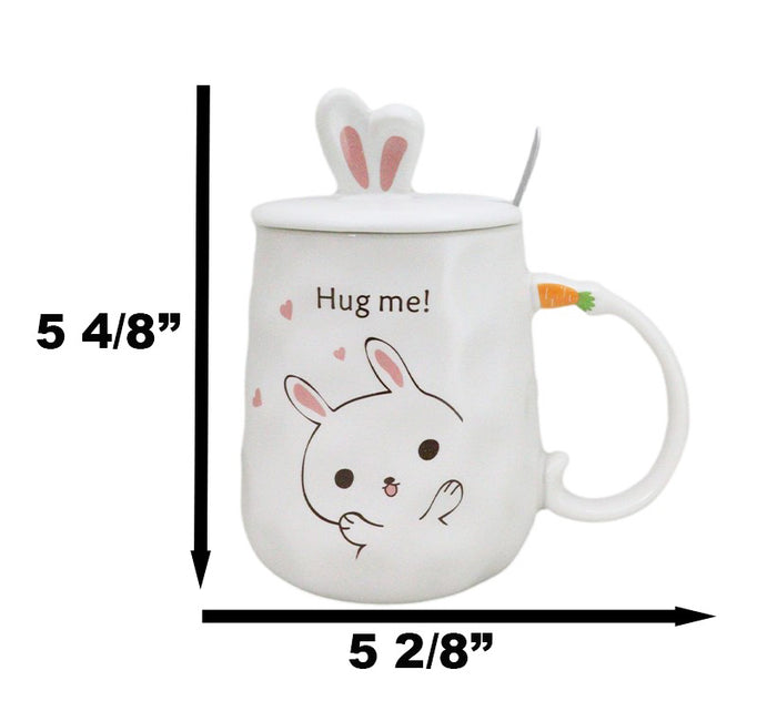 Ebros Gift White Bunny Rabbit Hug Me Ceramic Mug With Bunny Ears Lid And Stirring Spoon
