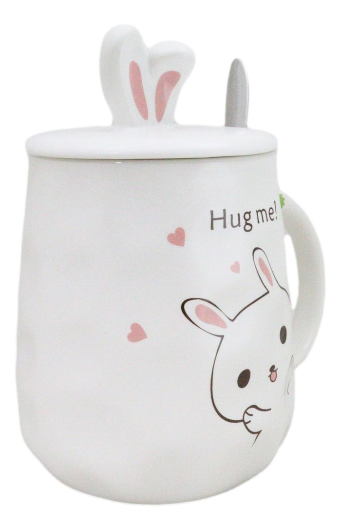 Ebros Gift White Bunny Rabbit Hug Me Ceramic Mug With Bunny Ears Lid And Stirring Spoon