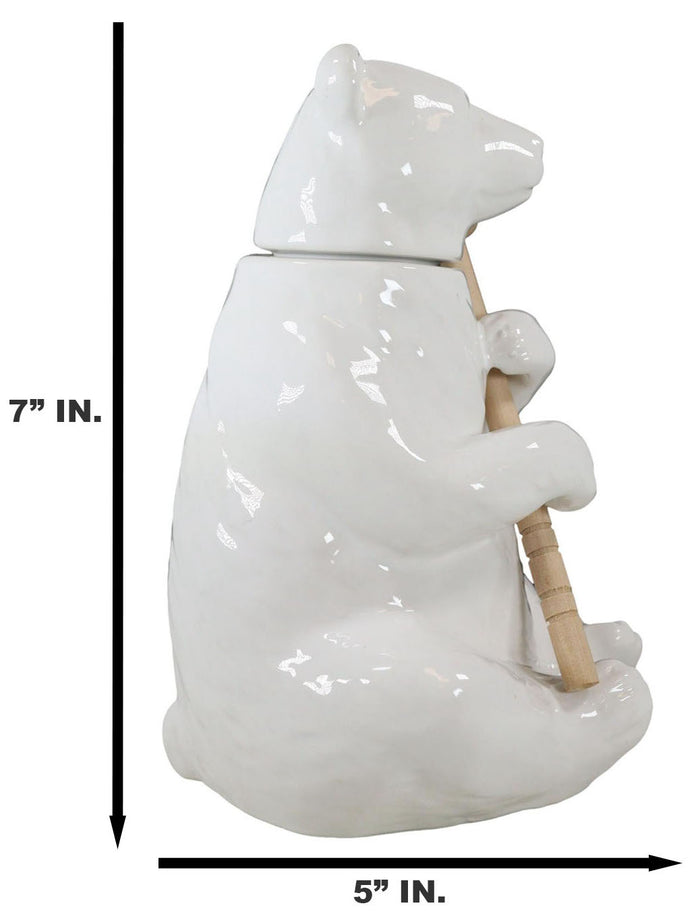 Ebros Gift White Ceramic Forest Black Bear Wooden Bamboo Dipper Stick Honey Pot Jar Set