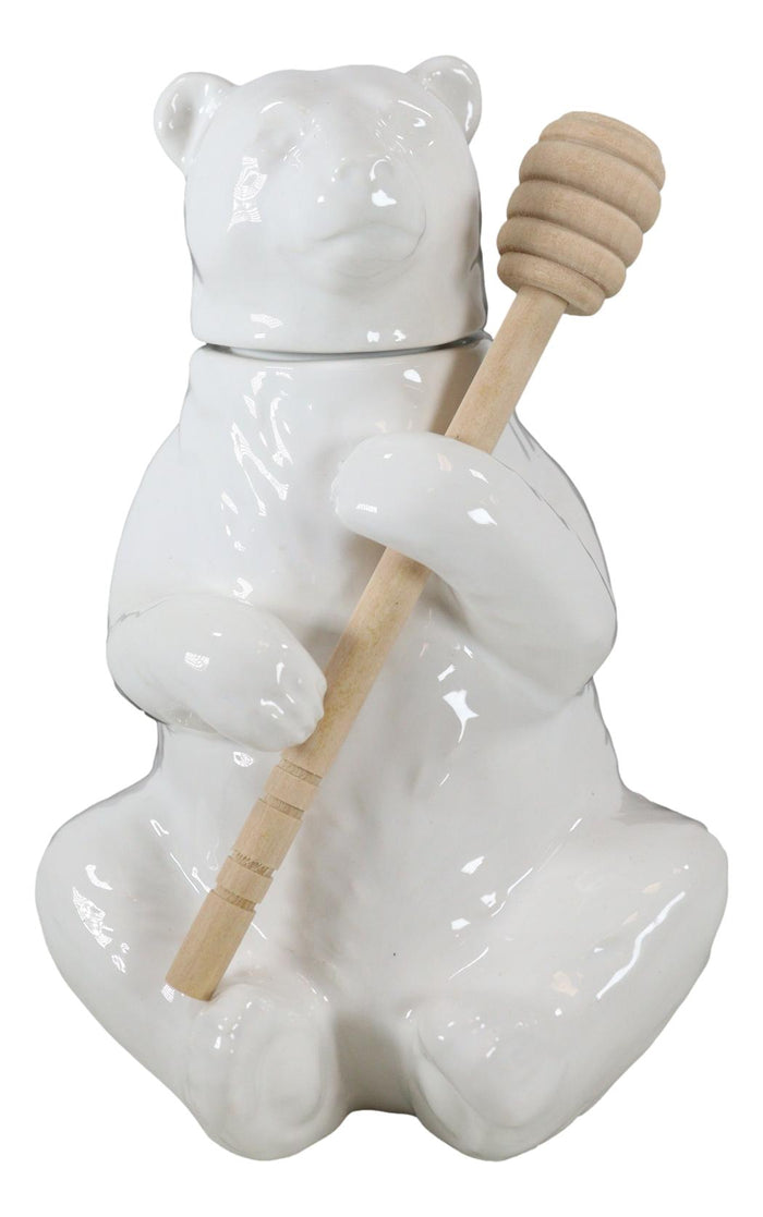 Ebros Gift White Ceramic Forest Black Bear Wooden Bamboo Dipper Stick Honey Pot Jar Set