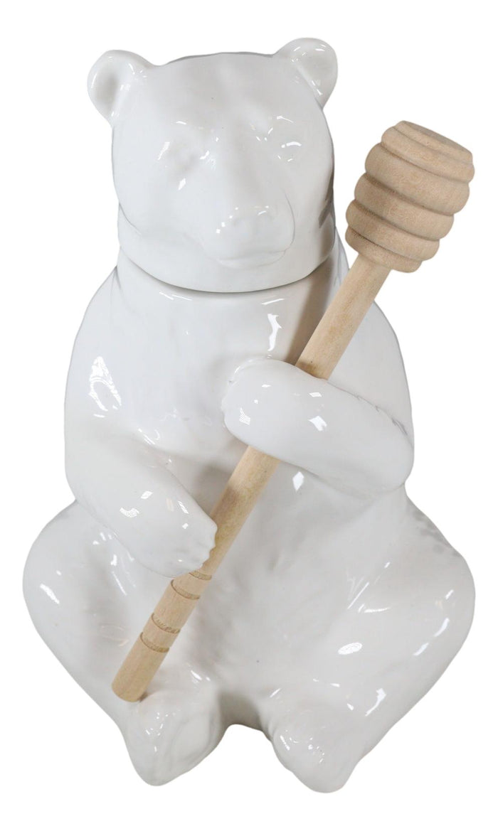 Ebros Gift White Ceramic Forest Black Bear Wooden Bamboo Dipper Stick Honey Pot Jar Set