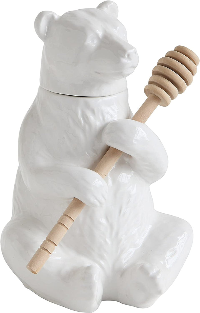 ebros gift White Ceramic Forest Black Bear Wooden Bamboo Dipper Stick Honey Pot Jar Set
