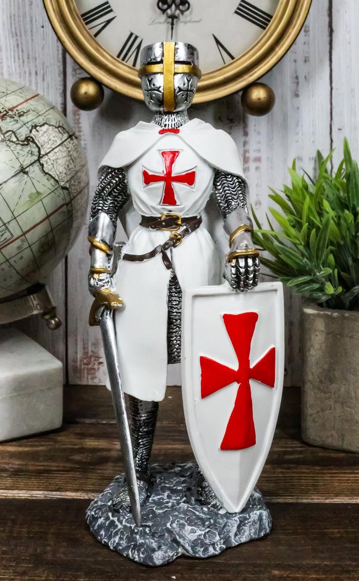 ebros gift White Cloak Medieval Crusader Swordsman With Shield Of Faith Knight Figurine