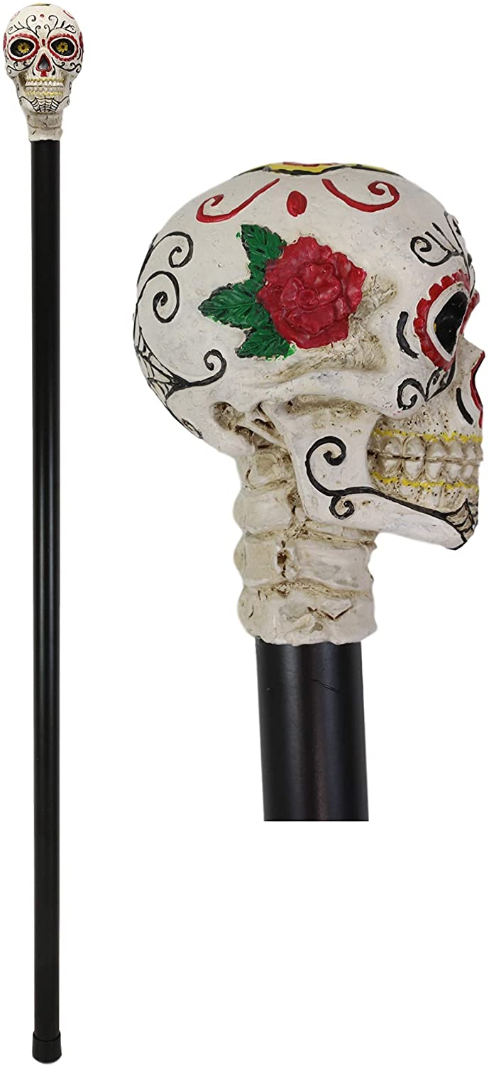 ebros gift White Colorful Day Of The Dead Skull Prop Accessory Walking Cane For Parties