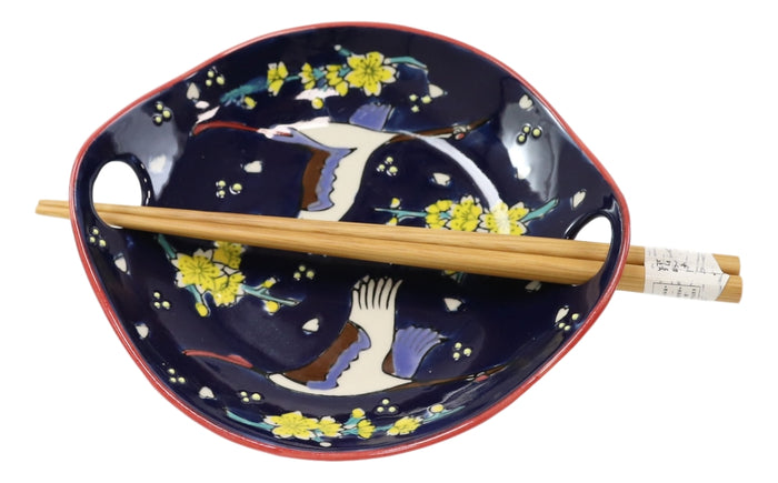 Ebros Gift White Crane In Blue Sky Small Appetizer Coupe Plate Flat Bowl W/ Chopsticks Set