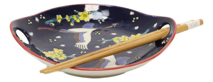 Ebros Gift White Crane In Blue Sky Small Appetizer Coupe Plate Flat Bowl W/ Chopsticks Set