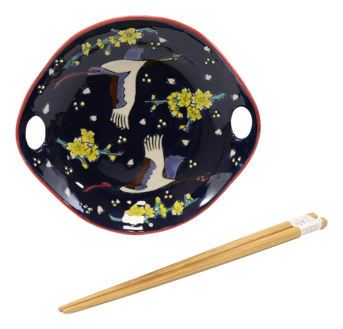 Ebros Gift White Crane In Blue Sky Small Appetizer Coupe Plate Flat Bowl W/ Chopsticks Set